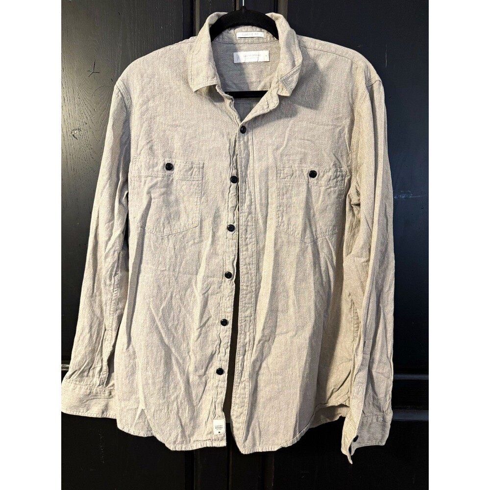 Lucky Brand Men's Gray Cotton Solid Classic Fit Button-Up Shirt M Pockets LS